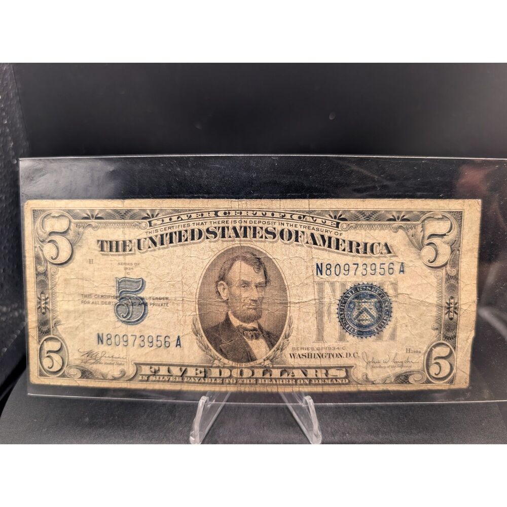 Series 1934 C Five Dollar Blue Seal Silver Certificate Note N80973956A